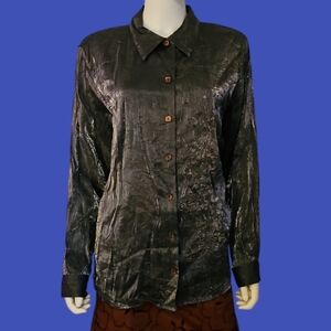 VTG ERENA 1980s Disco Satin Metallic Gunmetal Crinkle Holiday Shirt